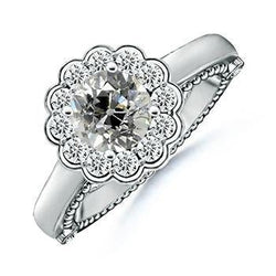 Halo Round Natural Earth Mined Diamond Ring Old Mine Cut 2 Carats Flower Style Milgrain