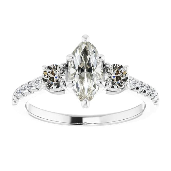 Natural Lady’s Ring Round & Marquise Old Cut Diamond 3 Stone Style 5 Carats