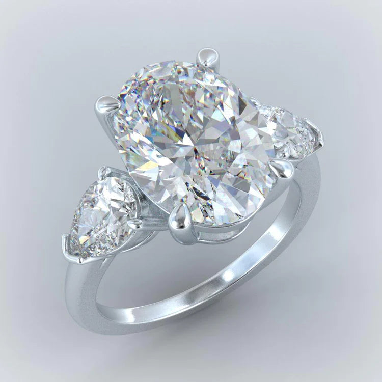 Natural Oval & Pear Diamond 8 Carats 3 Stone Engagement Ring 14K