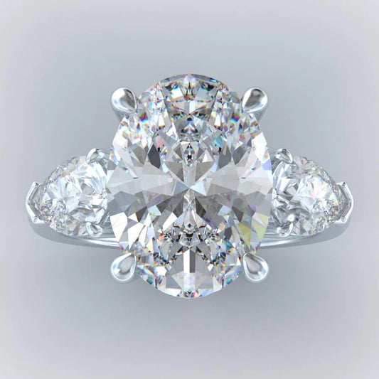 Natural Oval & Pear Diamond 8 Carats 3 Stone Engagement Ring White Gold 14K