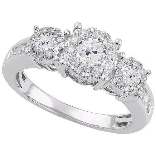 Natural Round Old Miner Diamond Ring 3 Stone Style 3 Carats White Gold