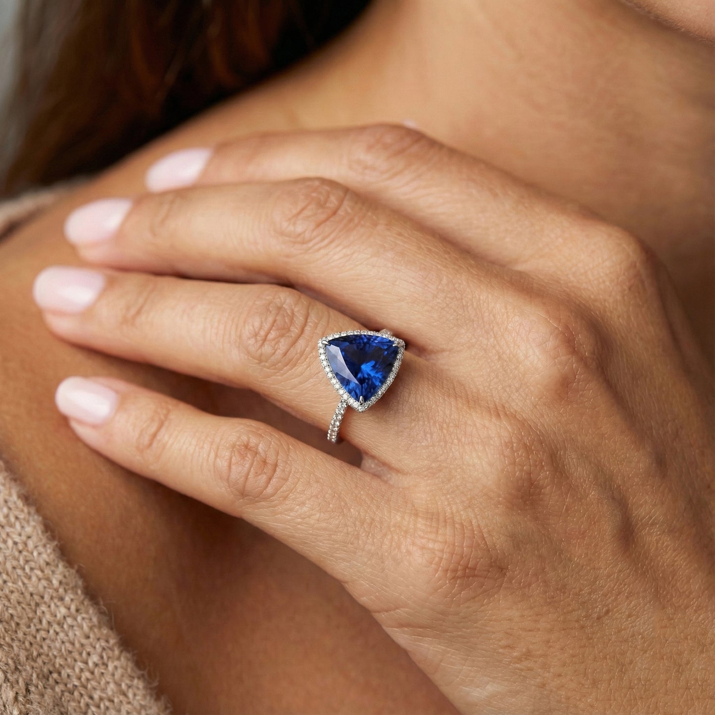Natural Earth Mined Diamond ( Not Lab Grown ) Halo Ring Trillion Shaped Deep Blue Sapphire 4 Carats