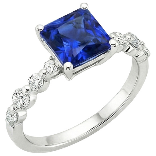 New Gold Princess Cut Natural Blue Sapphire With Accents Ring 4 Carats