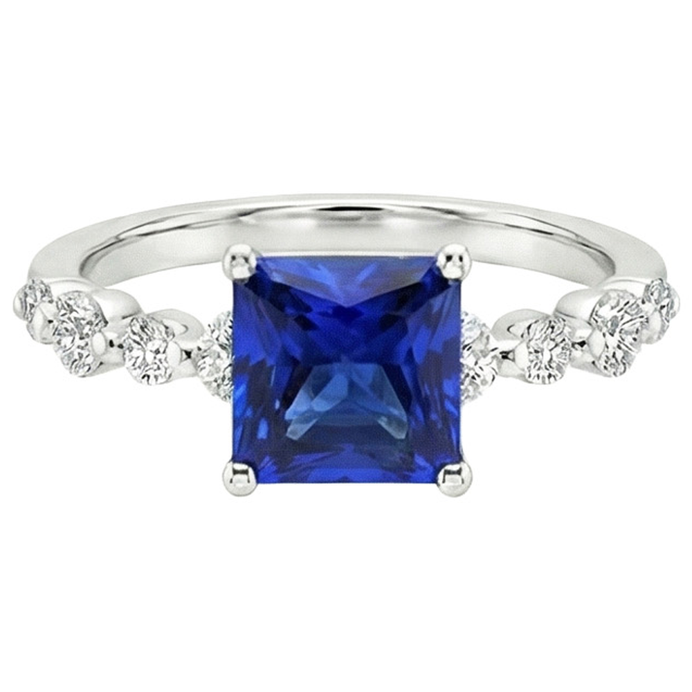 New Gold Princess Cut Natural Blue Sapphire With Accents Ring 4 Carats
