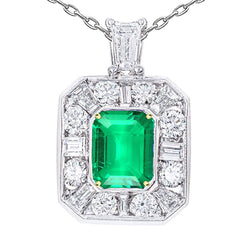 Emerald Cut Emerald Stone Pendant Necklace in 14 Karat Two Tone