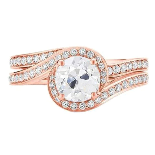 Old Cut Genuine Diamond Engagement Ring Set Rose Gold 2.50 Carats