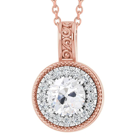 Old Mine Cut Halo Real Diamond Pendant Vintage Style Filigree 3.50 Carats