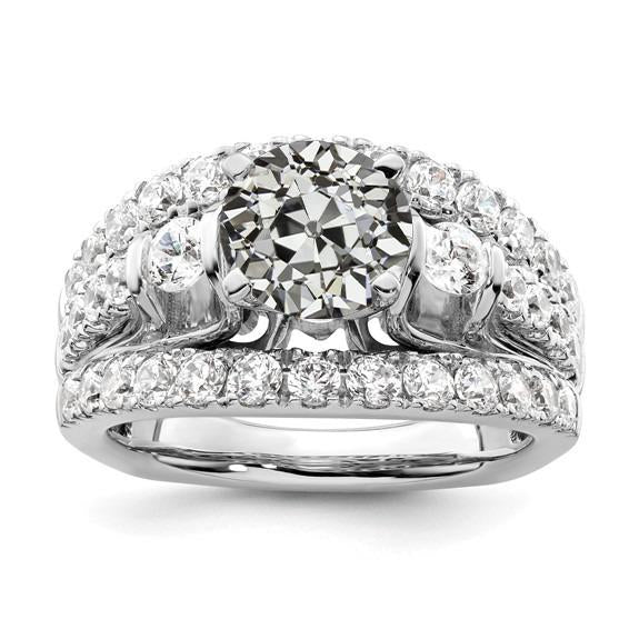 Old Mine Cut Real Diamond Ring With Triple Row Accents 5 Carats