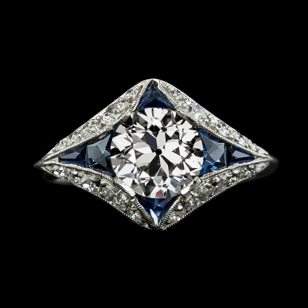 Old Mine Cut & Trapezoid Sapphire Real Diamond Ring 3.75 Carats Milgrain - Halo Ring-harrychadent.ca