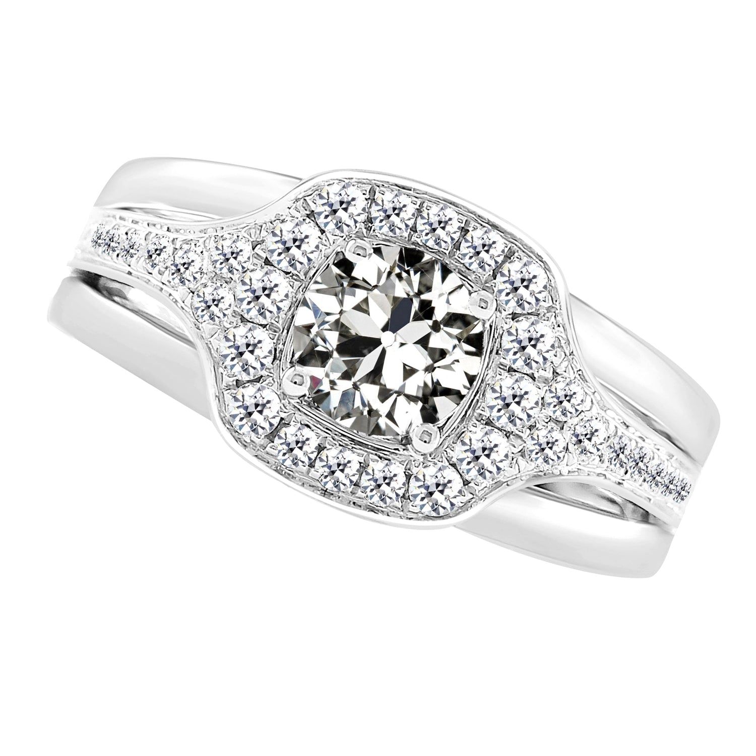 Diamond Antique Cushion Halo Setting Ring in 14K White Gold – main view