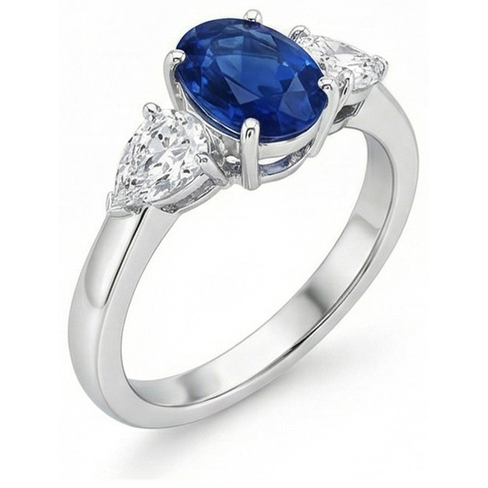 Oval And Pear Cut 3.50 Ct Sapphire And Natural Earth Mined Diamond ( Not Lab Grown )s Ring White Gold 14K