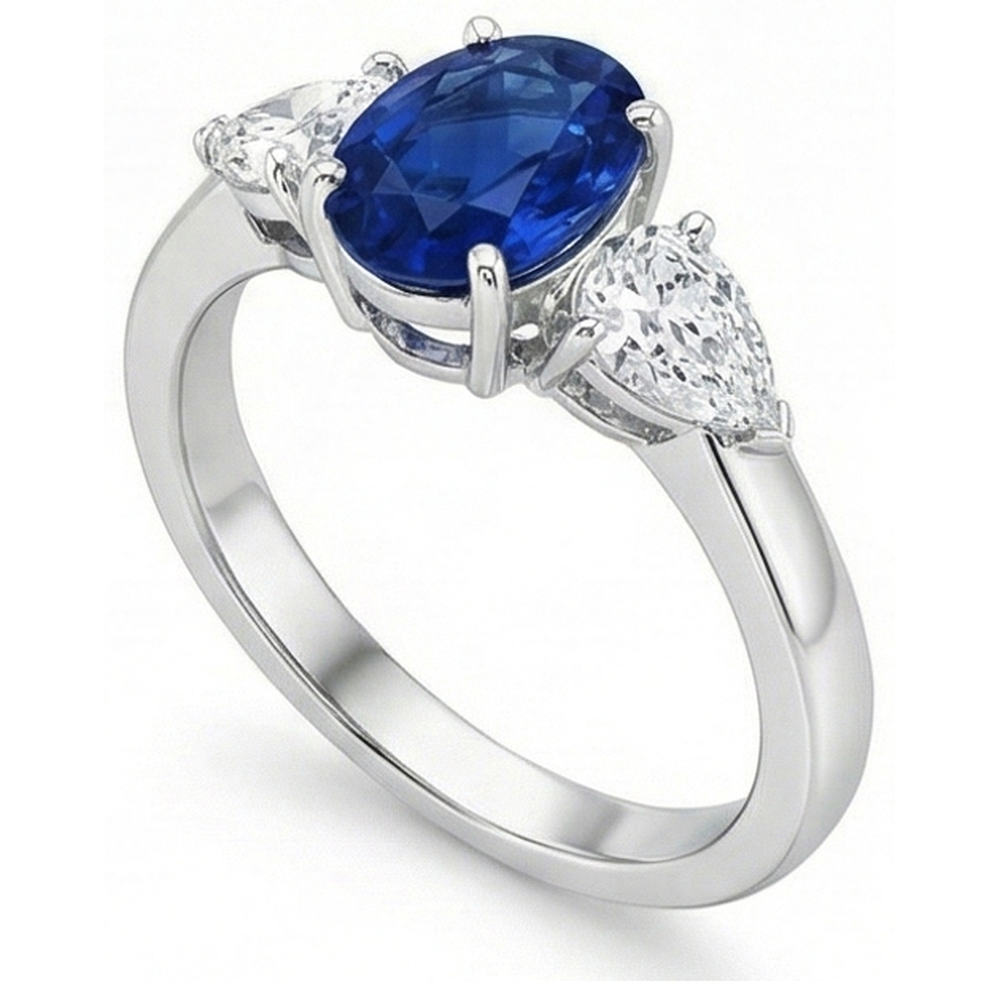 Oval And Pear Cut 3.50 Ct Sapphire And Natural Earth Mined Diamond ( Not Lab Grown )s Ring White Gold 14K