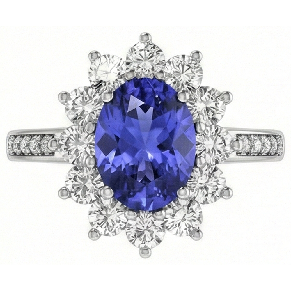 Oval And Round Brilliant Natural Earth Mined Diamond ( Not Lab Grown ) s 3.75 Carat Ring Tanzanite WG 14K