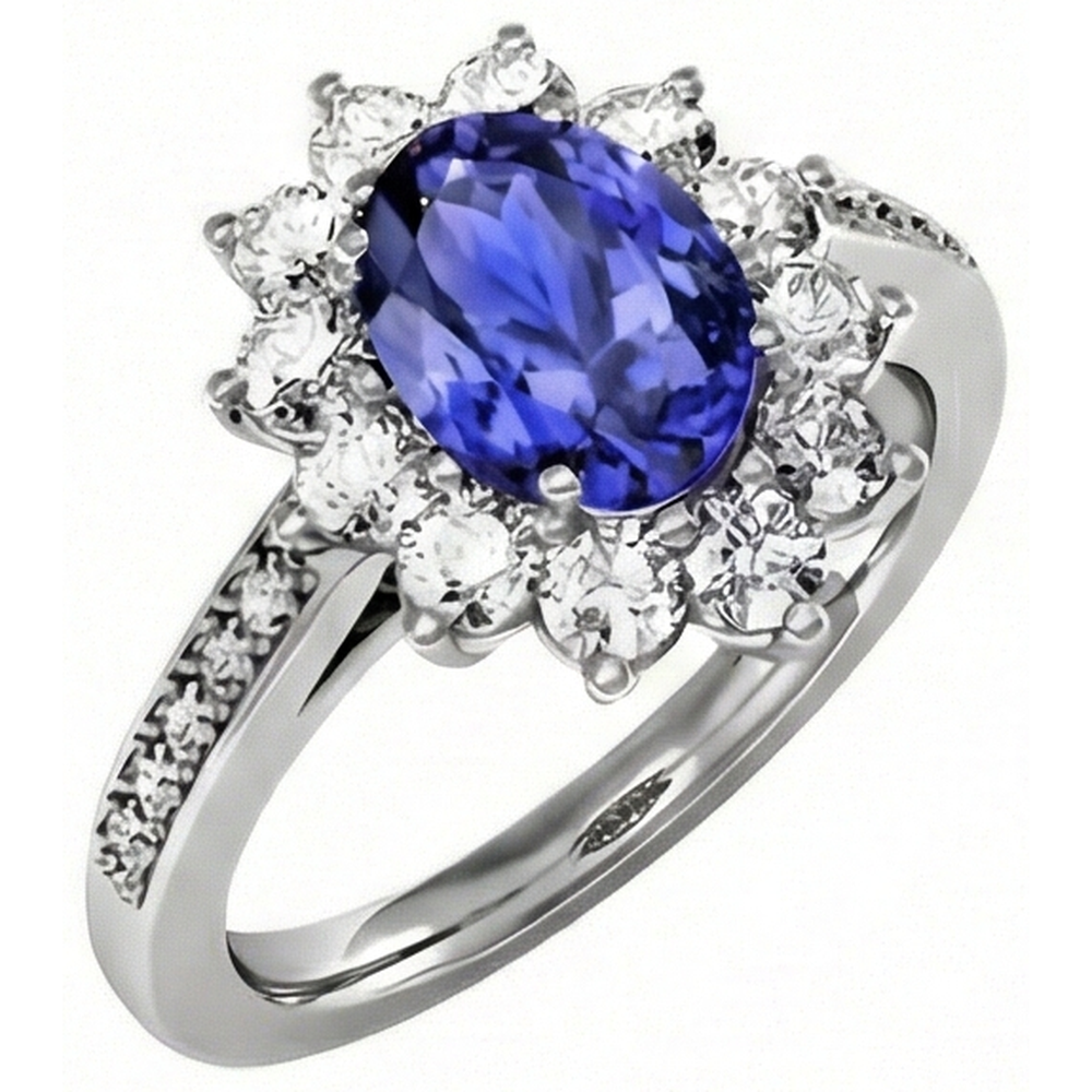 Oval And Round Brilliant Natural Earth Mined Diamond ( Not Lab Grown ) s 3.75 Carat Ring Tanzanite WG 14K