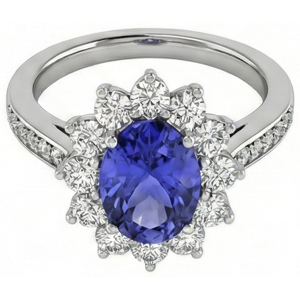 Oval And Round Brilliant Natural Earth Mined Diamond ( Not Lab Grown ) s 3.75 Carat Ring Tanzanite WG 14K