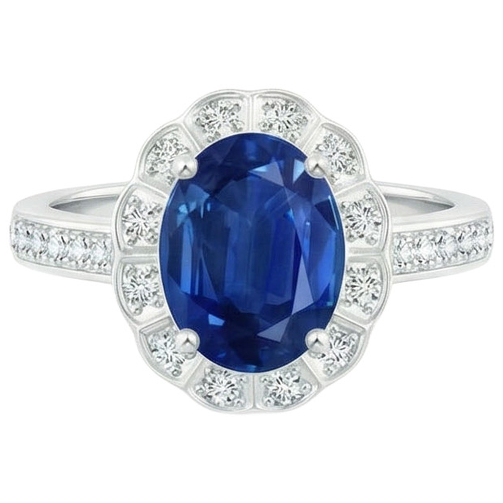 Oval And Round Cut 4.20 Ct Sapphire And Natural Earth Mined Diamond ( Not Lab Grown )s Ring White Gold 14K