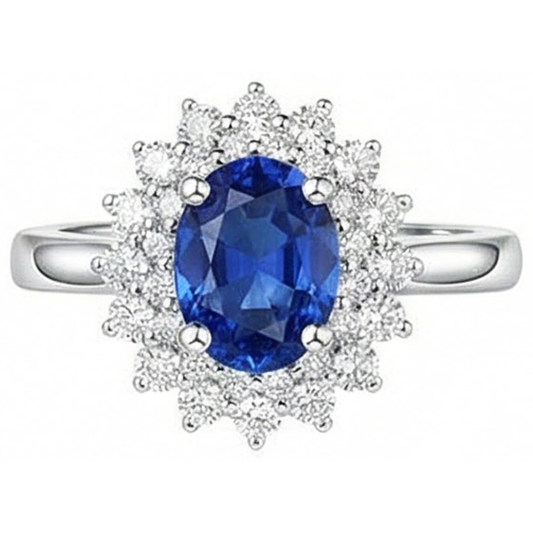 Oval And Round Cut 4 Ct Sri Lanka Sapphire Natural Earth Mined Diamond ( Not Lab Grown ) s Halo Ring