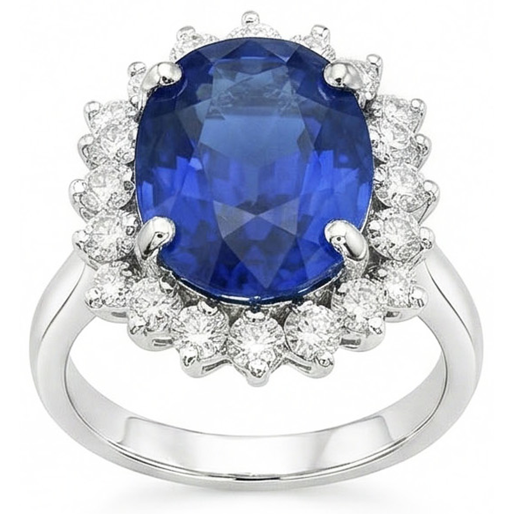 Oval And Round Cut Ceylon Sapphire 8 Carats Natural Earth Mined Diamond ( Not Lab Grown ) s Ring WG 14K