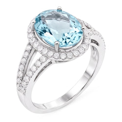 Oval Aquamarine And Natural Earth Mined Diamond ( Not Lab Grown )s 16.35 Ct Anniversary Ring White Gold
