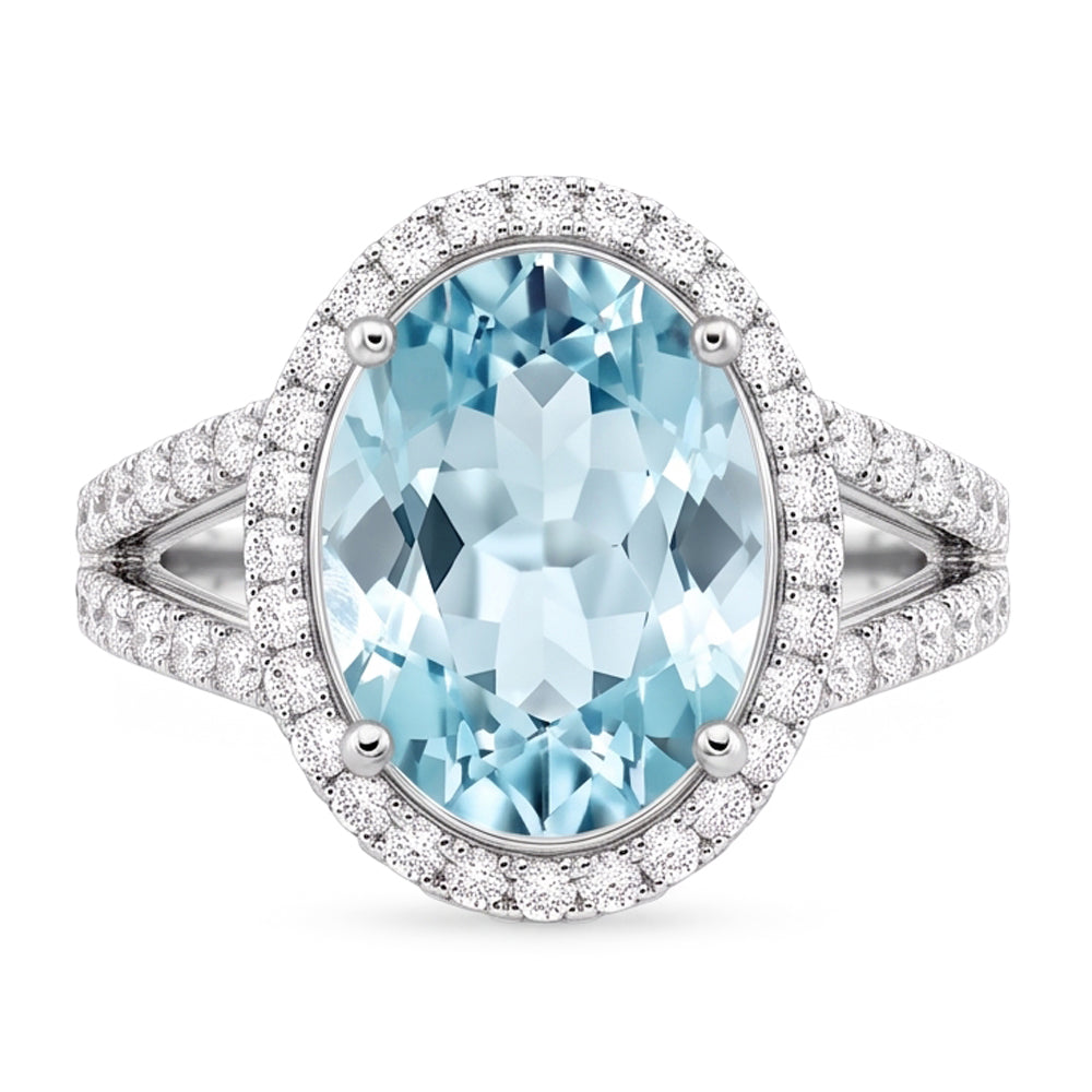Oval Aquamarine And Natural Earth Mined Diamond ( Not Lab Grown )s 16.35 Ct Anniversary Ring White Gold