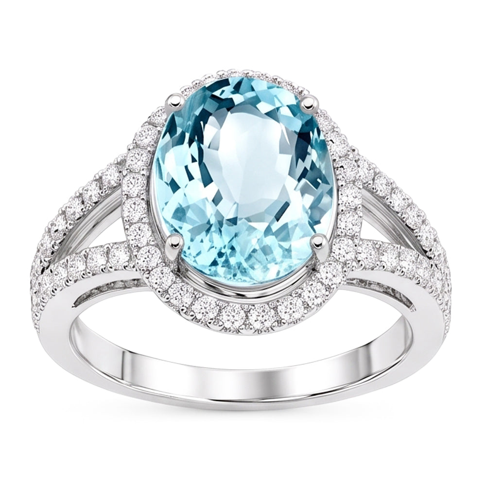 Oval Aquamarine And Natural Earth Mined Diamond ( Not Lab Grown )s 16.35 Ct Anniversary Ring White Gold