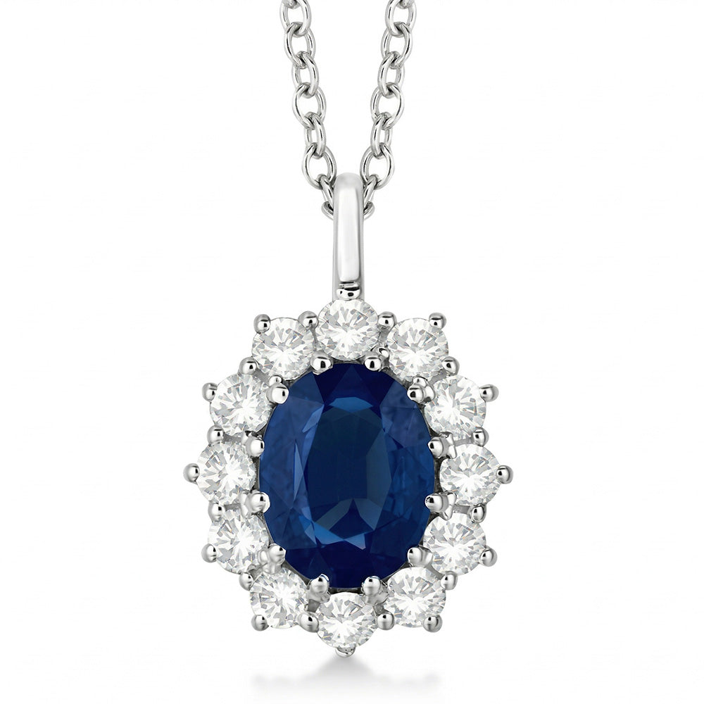 Oval Blue Sapphire With Natural Earth Mined Diamond ( Not Lab Grown )s Pendant Necklace 2.70 Ct White Gold