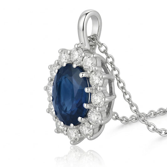 Oval Blue Sapphire With Natural Earth Mined Diamond ( Not Lab Grown )s Pendant Necklace 2.70 Ct White Gold