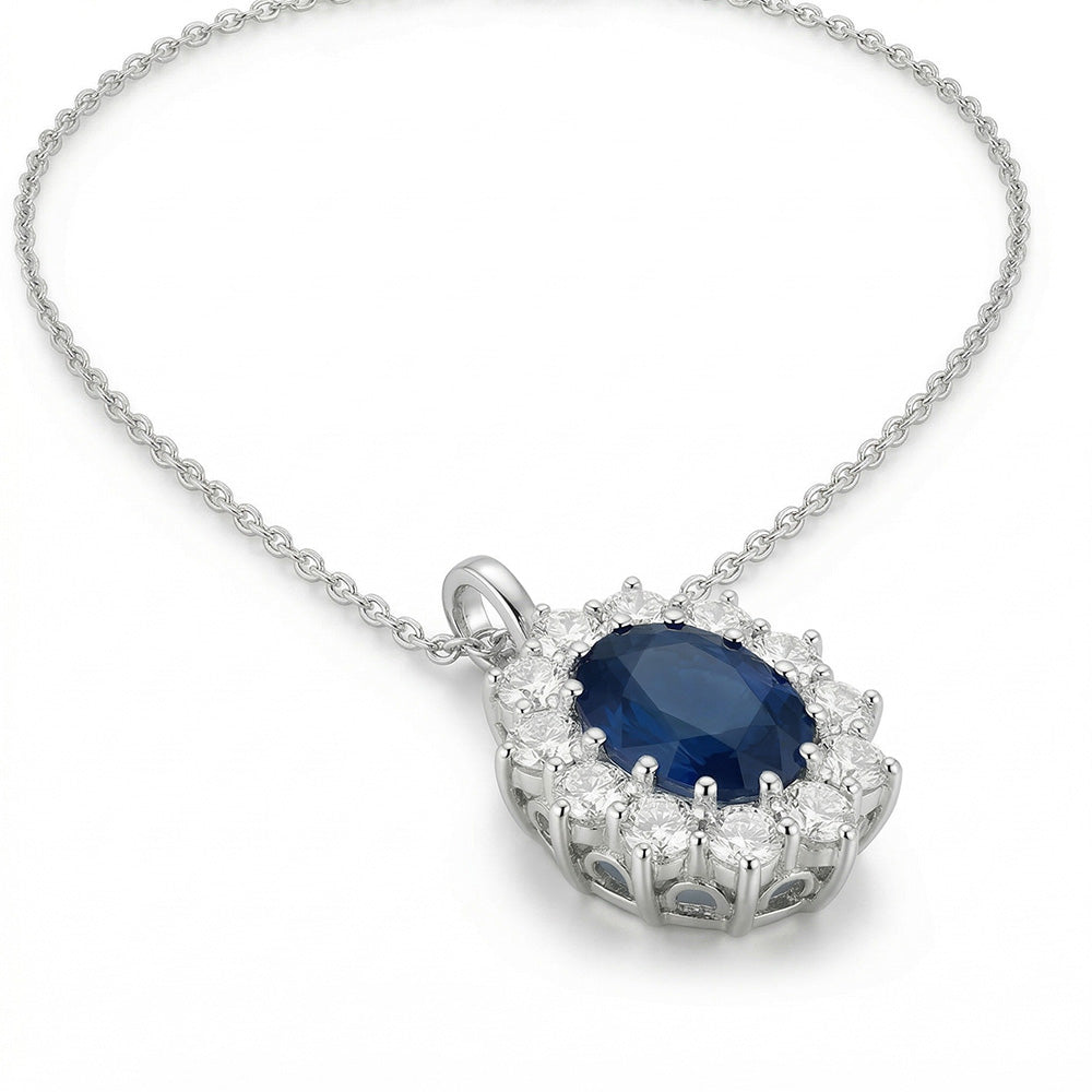 Oval Blue Sapphire With Natural Earth Mined Diamond ( Not Lab Grown )s Pendant Necklace 2.70 Ct White Gold