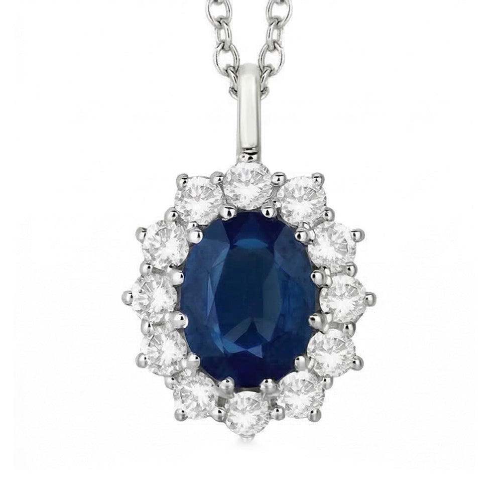 Oval Blue Sapphire With Natural Earth Mined Diamond ( Not Lab Grown )s Pendant Necklace 2.70 Ct White Gold