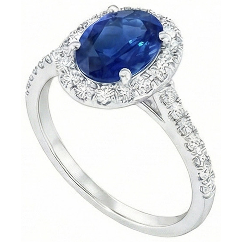 Oval Ceylon Sapphire And Natural Earth Mined Diamond ( Not Lab Grown ) Ring Solid Gold 14K