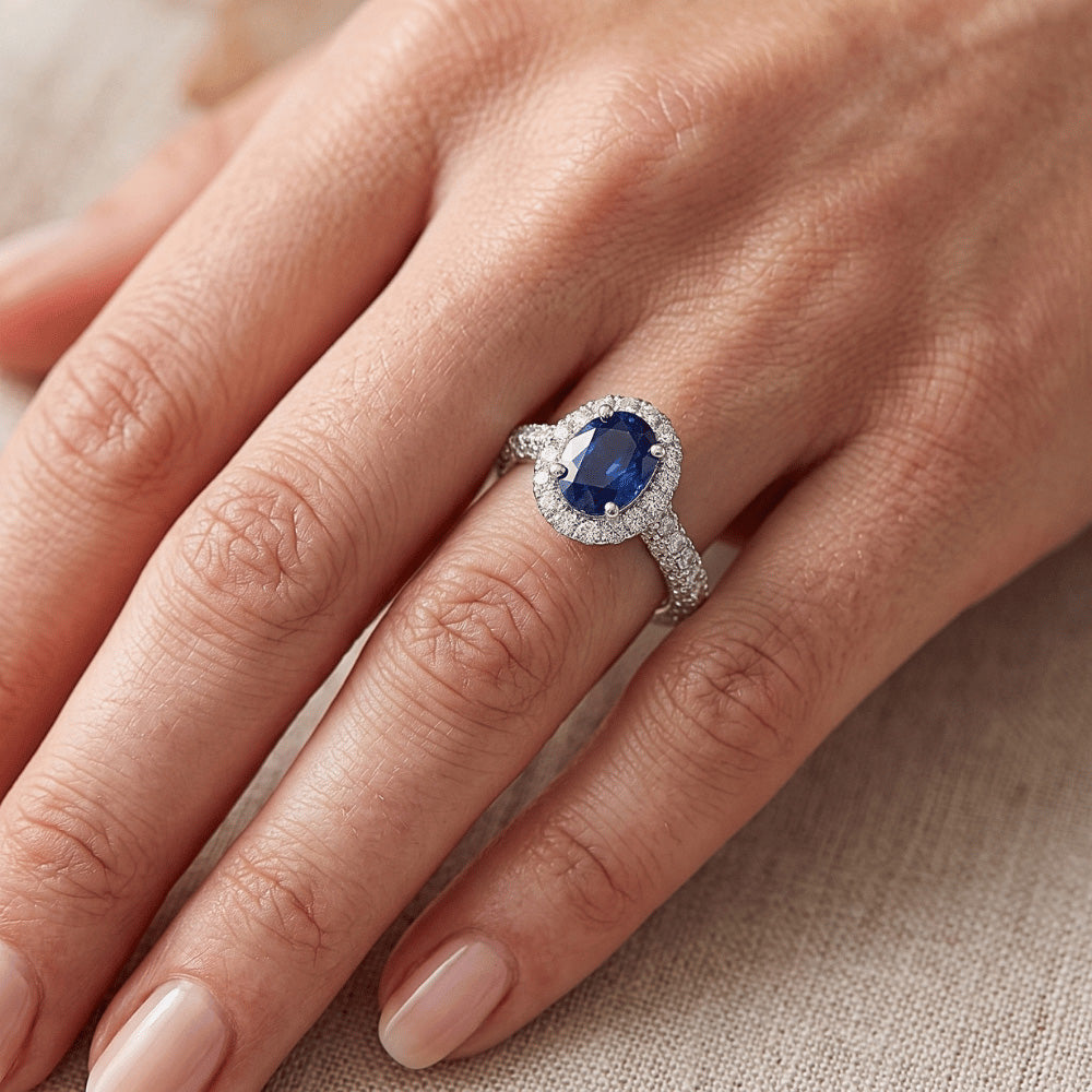 Oval Ceylon Sapphire And Natural Earth Mined Diamond ( Not Lab Grown ) Ring Solid Gold 14K