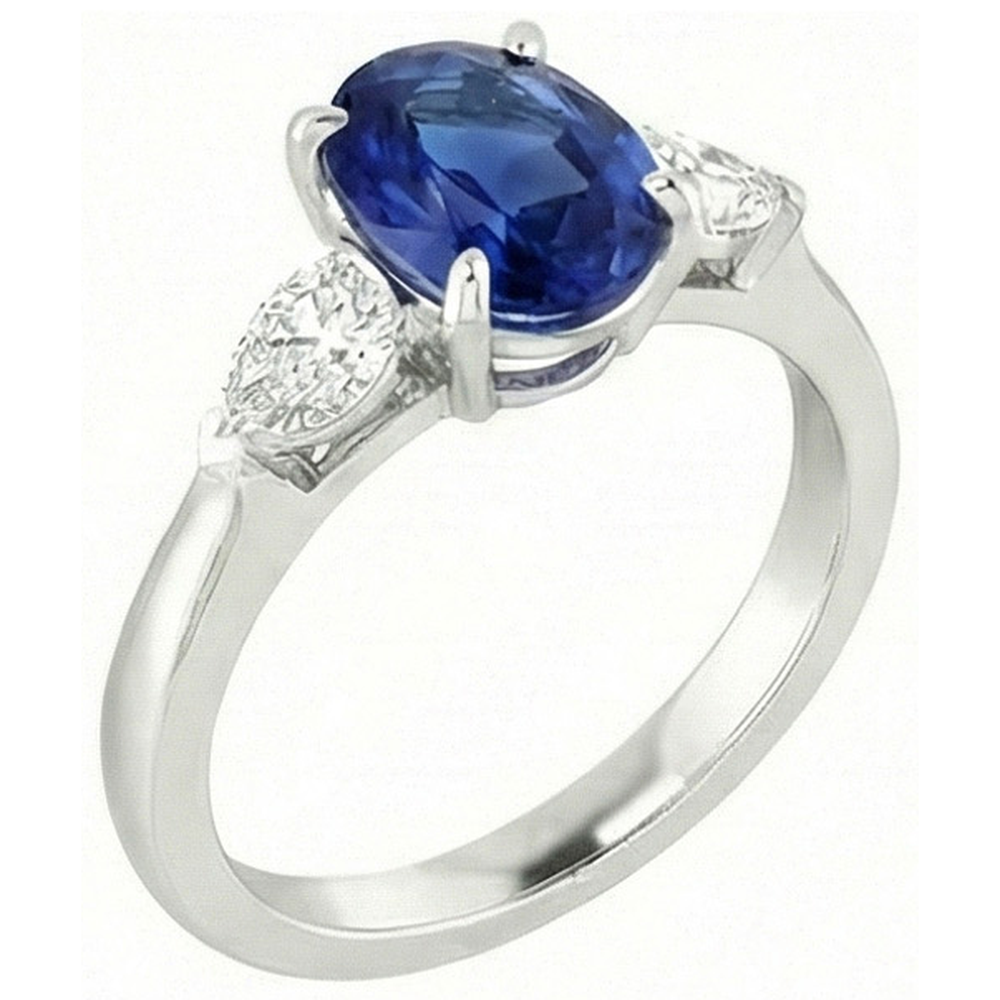 Oval Ceylon Sapphire And Pear Natural Earth Mined Diamond ( Not Lab Grown )  Three Stone Ring Gold 14K 3 Ct