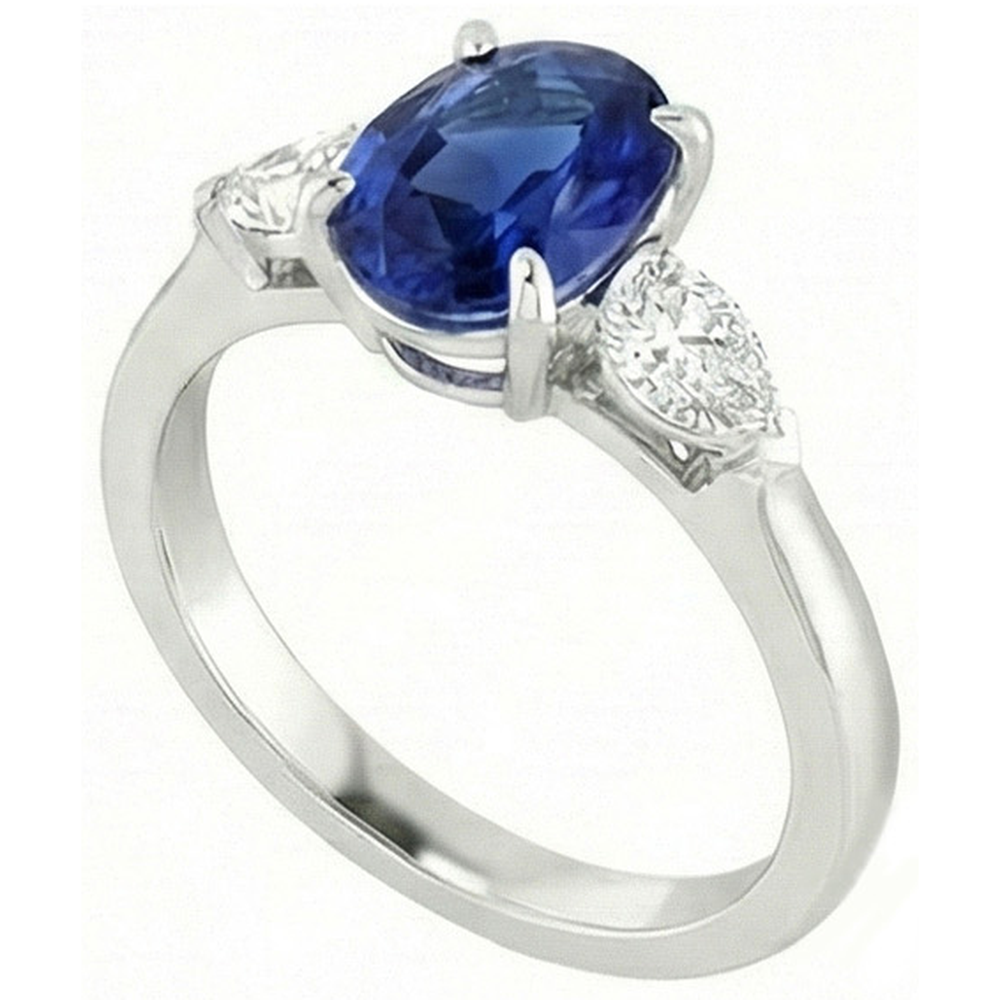 Oval Ceylon Sapphire And Pear Natural Earth Mined Diamond ( Not Lab Grown )  Three Stone Ring Gold 14K 3 Ct