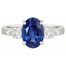 Oval Ceylon Sapphire And Pear Natural Earth Mined Diamond ( Not Lab Grown )  Three Stone Ring Gold 14K 3 Ct