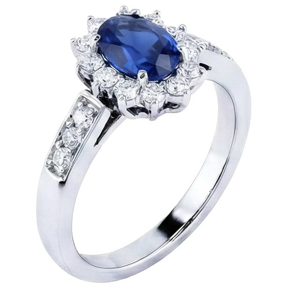 Oval Ceylon Sapphire And Round Cut Natural Earth Mined Diamond ( Not Lab Grown ) s Ring 2.50 Ct