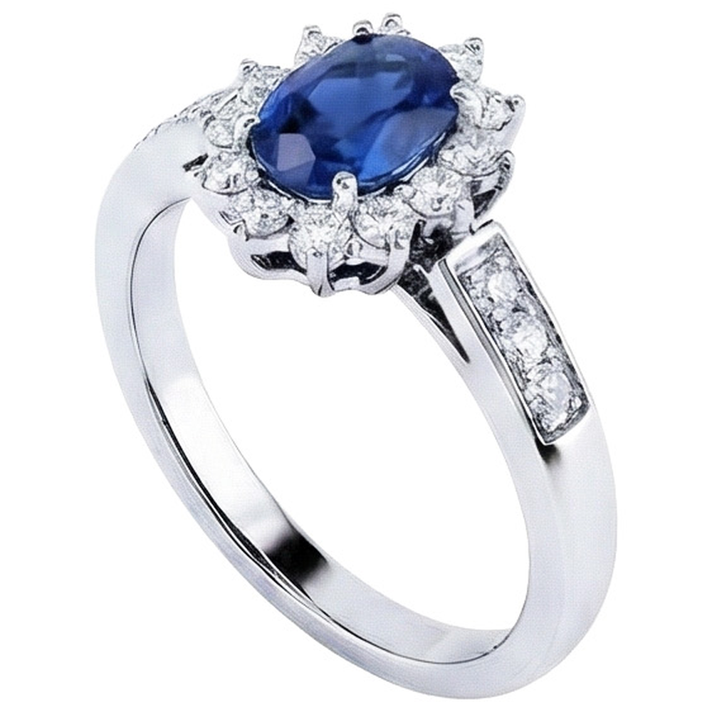 Oval Ceylon Sapphire And Round Cut Natural Earth Mined Diamond ( Not Lab Grown ) s Ring 2.50 Ct