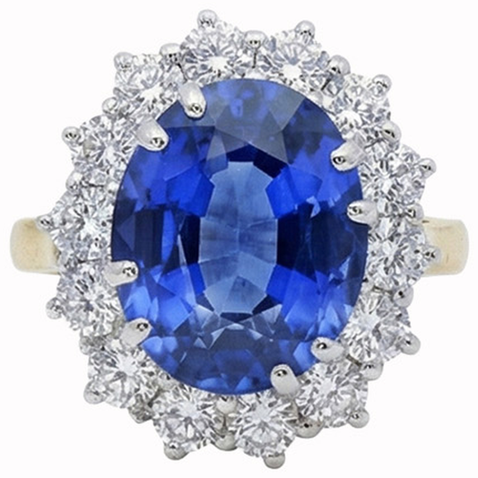 Oval Ceylon Sapphire Natural Earth Mined Diamond ( Not Lab Grown ) s 8.51 Ct Ring Two Tone White Gold 14K