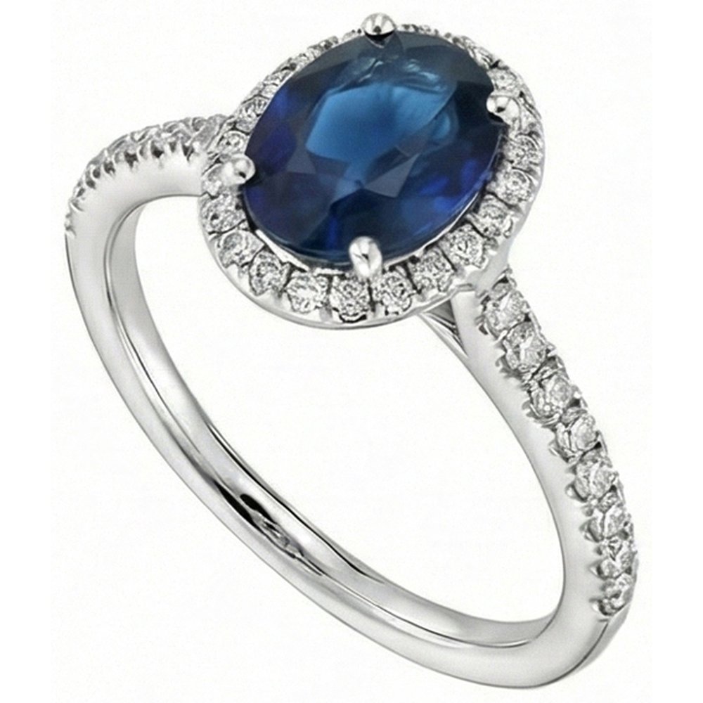 Oval Ceylon Sapphire Ring Natural Earth Mined Diamond ( Not Lab Grown ) Wedding White Gold 14K 2.75 Ct