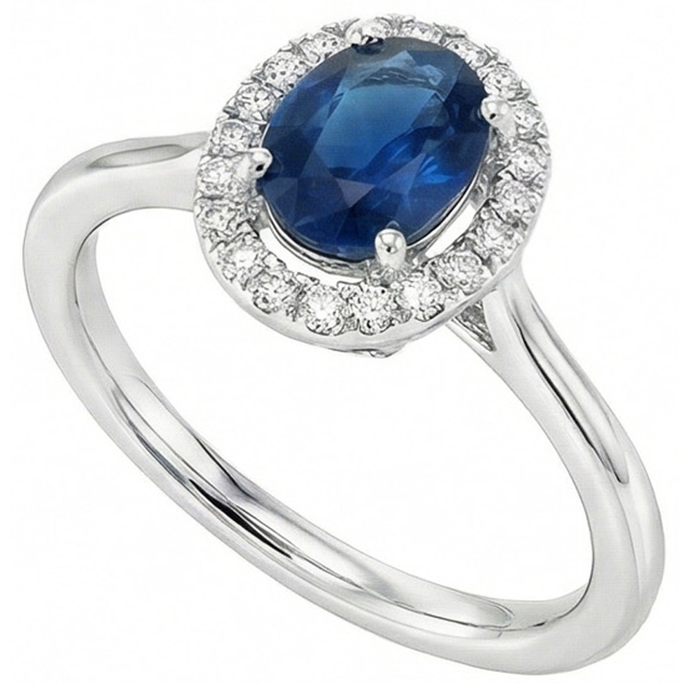 Oval Ceylon Sapphire Round Natural Earth Mined Diamond ( Not Lab Grown )s 2.50 Carats Ring White Gold 14K