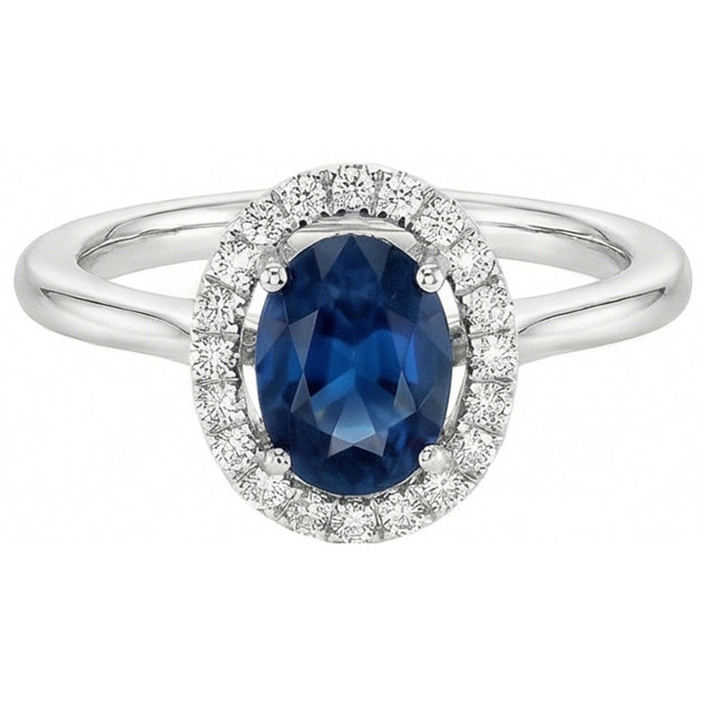 Oval Ceylon Sapphire Round Natural Earth Mined Diamond ( Not Lab Grown )s 2.50 Carats Ring White Gold 14K