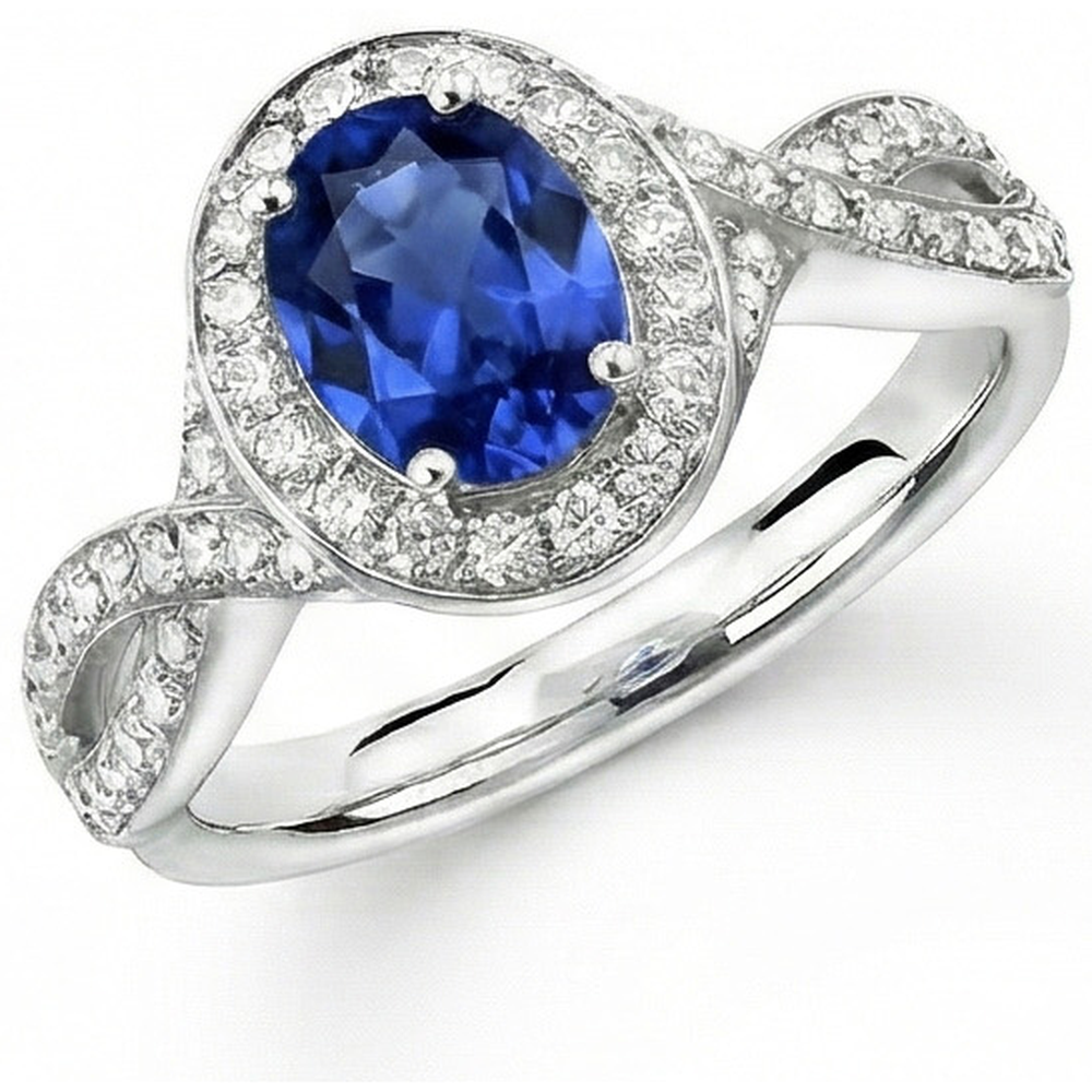 Oval Ceylon Sapphire & Round Natural Earth Mined Diamond ( Not Lab Grown )  Ring 1.55 Carat White Gold 14K