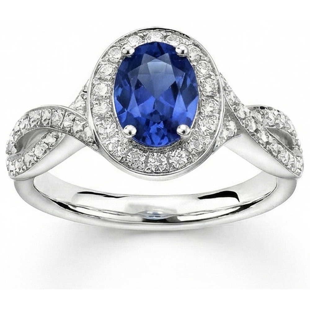 Oval Ceylon Sapphire & Round Natural Earth Mined Diamond ( Not Lab Grown )  Ring 1.55 Carat White Gold 14K