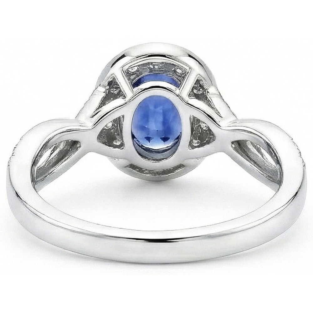 Oval Ceylon Sapphire & Round Natural Earth Mined Diamond ( Not Lab Grown )  Ring 1.55 Carat White Gold 14K