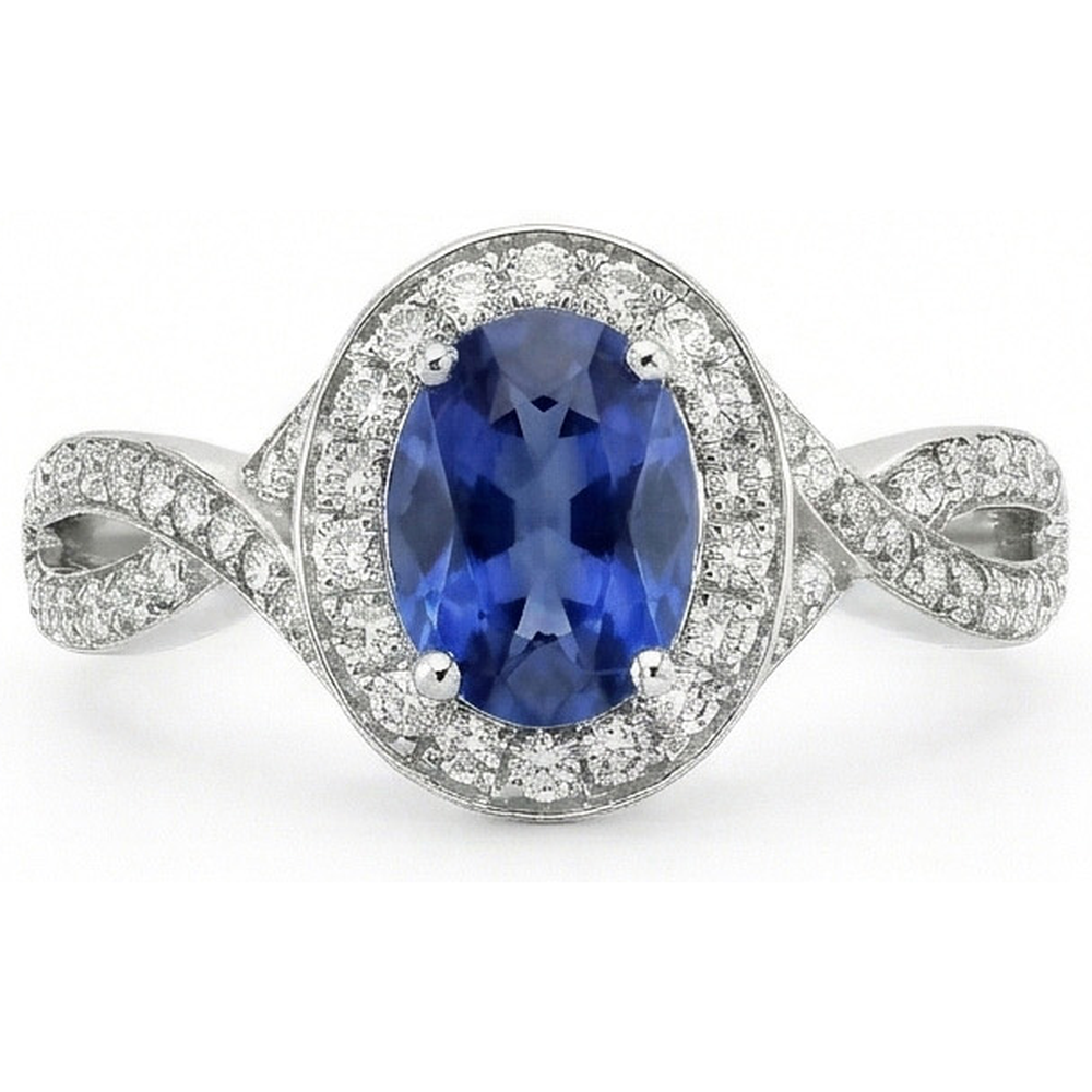 Oval Ceylon Sapphire & Round Natural Earth Mined Diamond ( Not Lab Grown )  Ring 1.55 Carat White Gold 14K