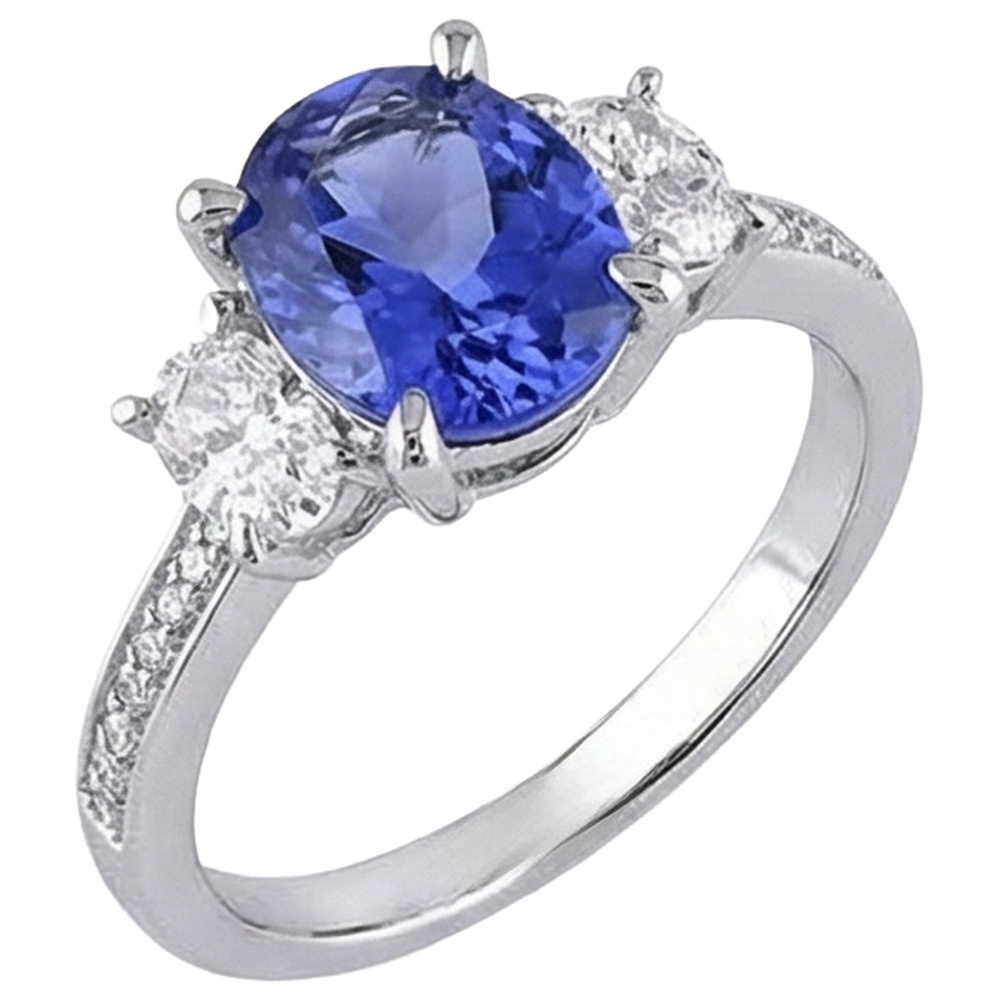 Oval Cut 4.50 Ct. Tanzanite With Natural Earth Mined Diamond ( Not Lab Grown )s 3 Stone Style Ring 14K
