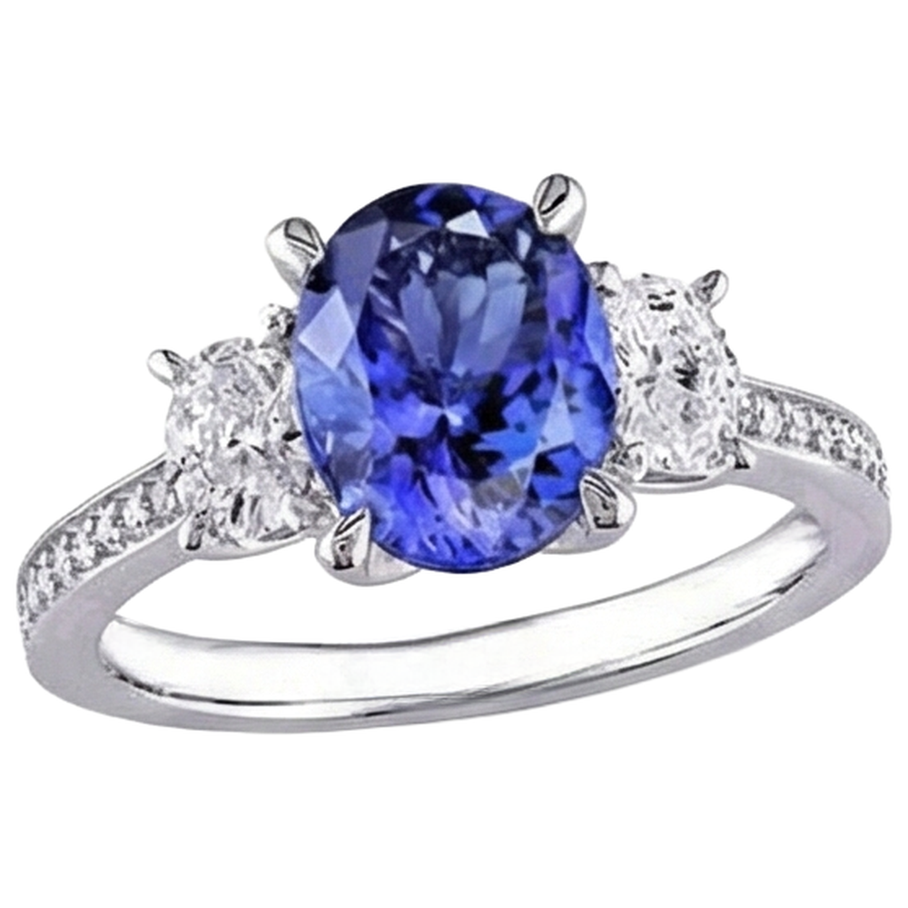 Oval Cut 4.50 Ct. Tanzanite With Natural Earth Mined Diamond ( Not Lab Grown )s 3 Stone Style Ring 14K