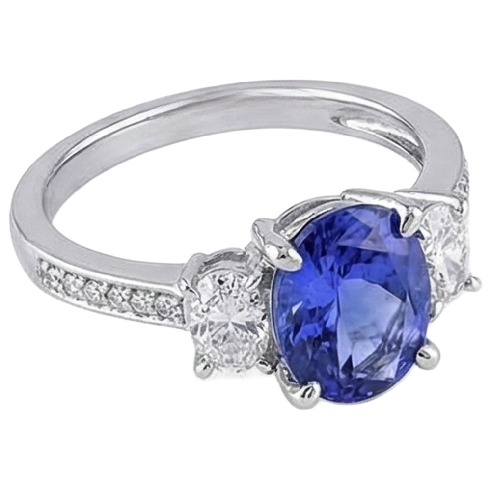 Oval Cut 4.50 Ct. Tanzanite With Natural Earth Mined Diamond ( Not Lab Grown )s 3 Stone Style Ring 14K
