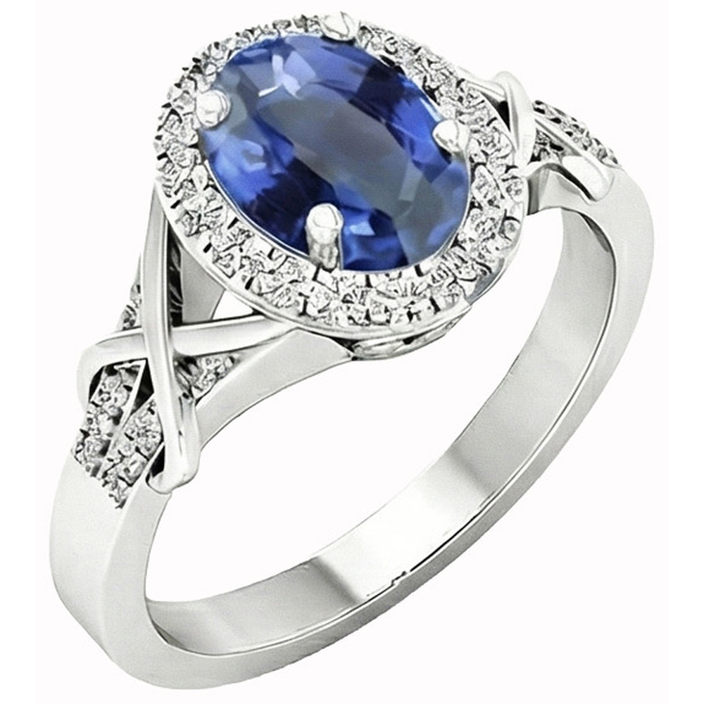 Oval Cut Ceylon Sapphire And Round Natural Earth Mined Diamond ( Not Lab Grown )  Ring Gold 1.80 Ct