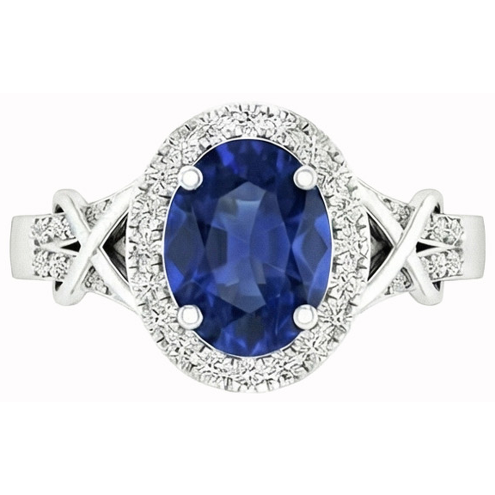Oval Cut Ceylon Sapphire And Round Natural Earth Mined Diamond ( Not Lab Grown )  Ring Gold 1.80 Ct