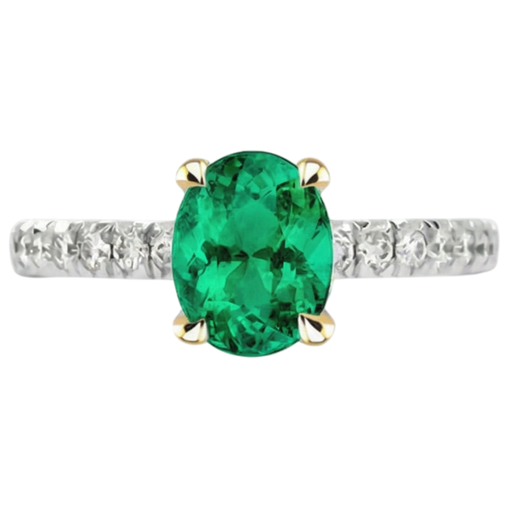 Authentic Colombian Emerald Colored Stone Ring 2 ct Two-Tone 14K Gold – profile view